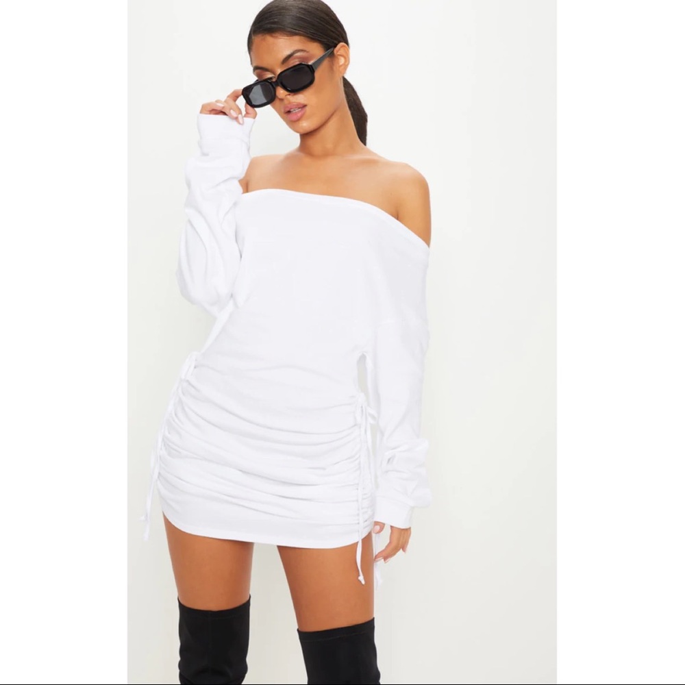 White Bardot Ruched Side Jumper Dress